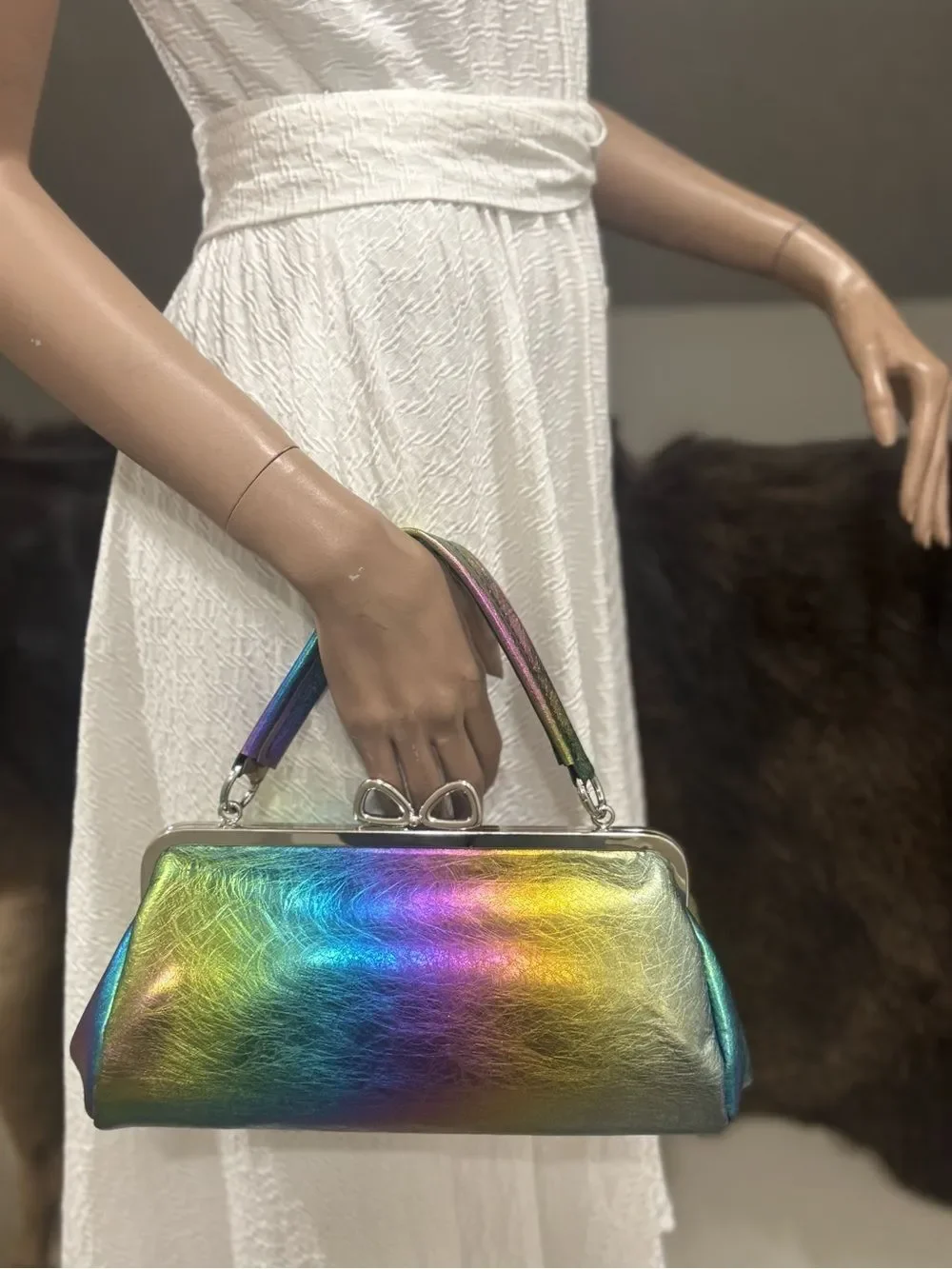 Metallic Iridescent Leather Handmade Bow Shaped Kisslock Frame Baguette Bag
